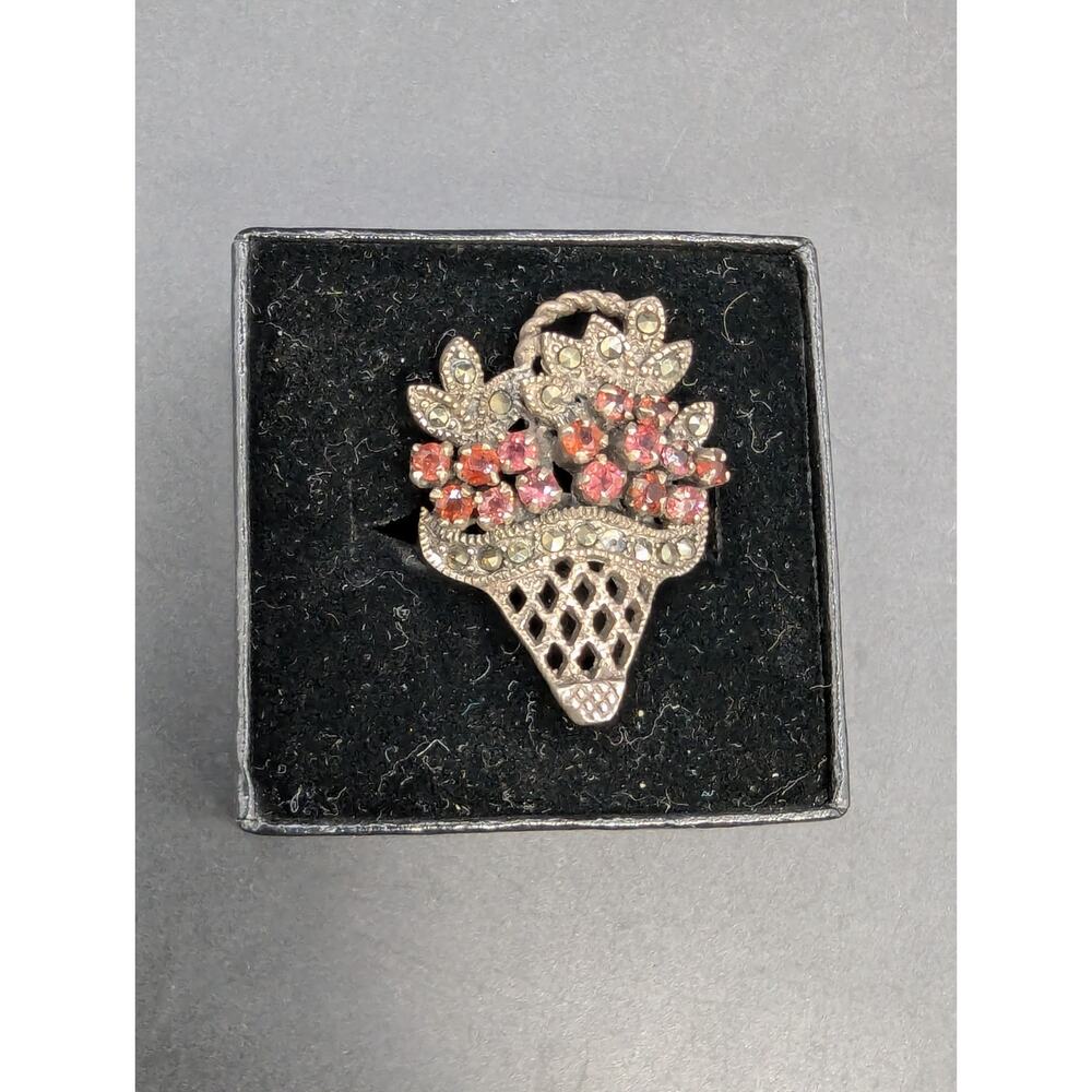 Vintage Sterling Silver 925 Garnet Marcasite Flower Basket Ring Size 8.25 Read